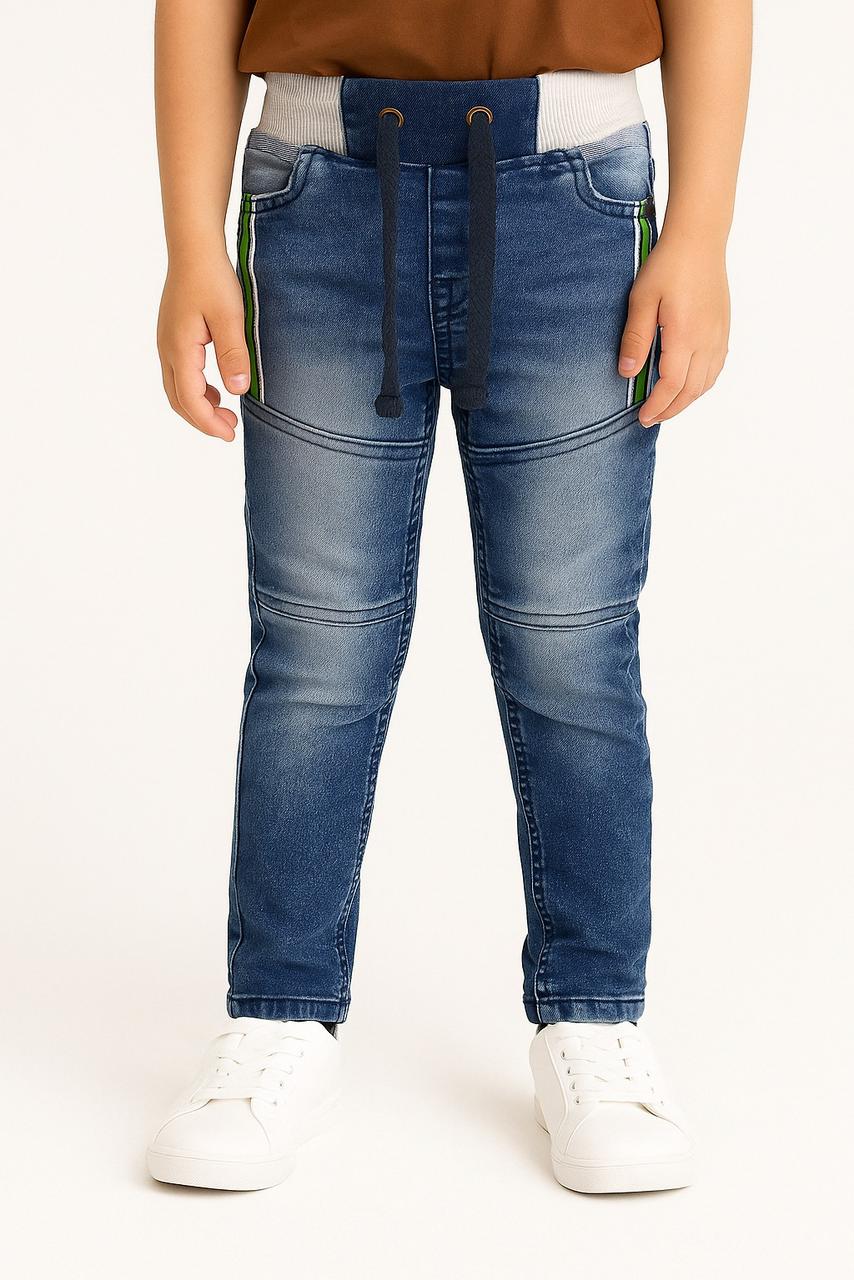 Kid's Denim Joggers with Contrast Waistband and Side Stripe Detail I MH