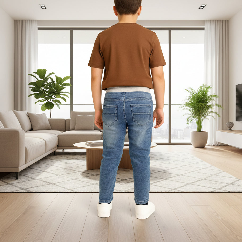 Kid's Denim Joggers with Contrast Waistband and Side Stripe Detail. Sizes (1-12Years) | MH