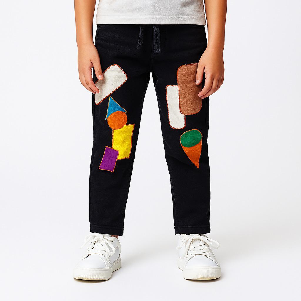 "Boys’ Blue Denim Joggers with Colorful Geometric Patchwork Design/MH