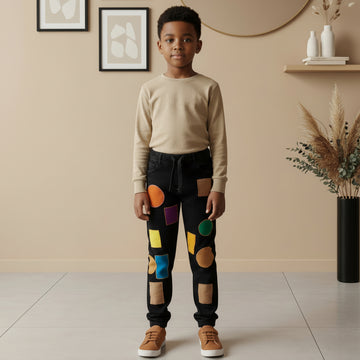 "Boys’ Blue Denim Joggers with Colorful Geometric Patchwork Design, Sizes (1-12Years) | MH