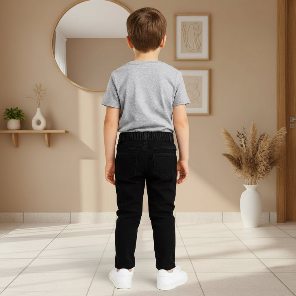 "Boys’ Blue Denim Joggers with Colorful Geometric Patchwork Design, Sizes (1-12Years) | MH
