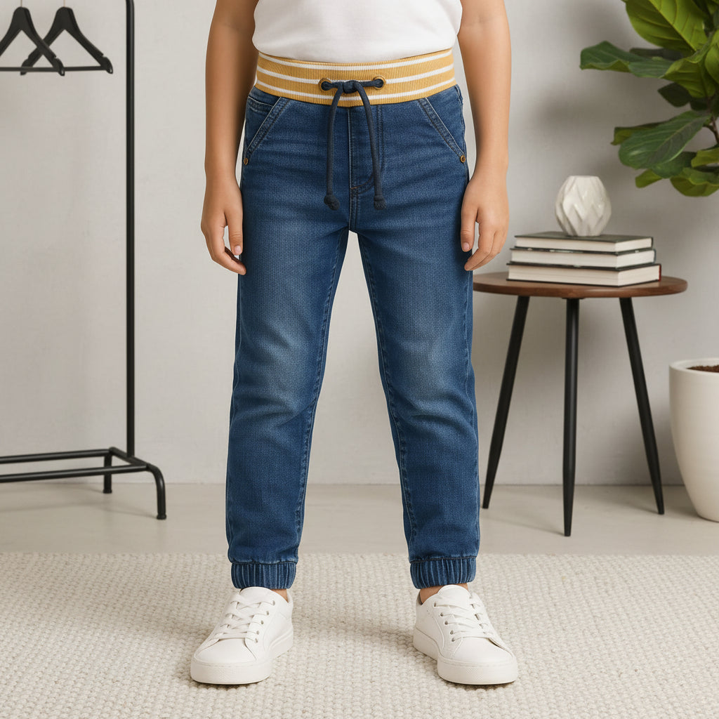 "Boys’ Black Denim Jogger Pants with Yellow-Striped Ribbed Waistband, Sizes(1-12Years) |MH