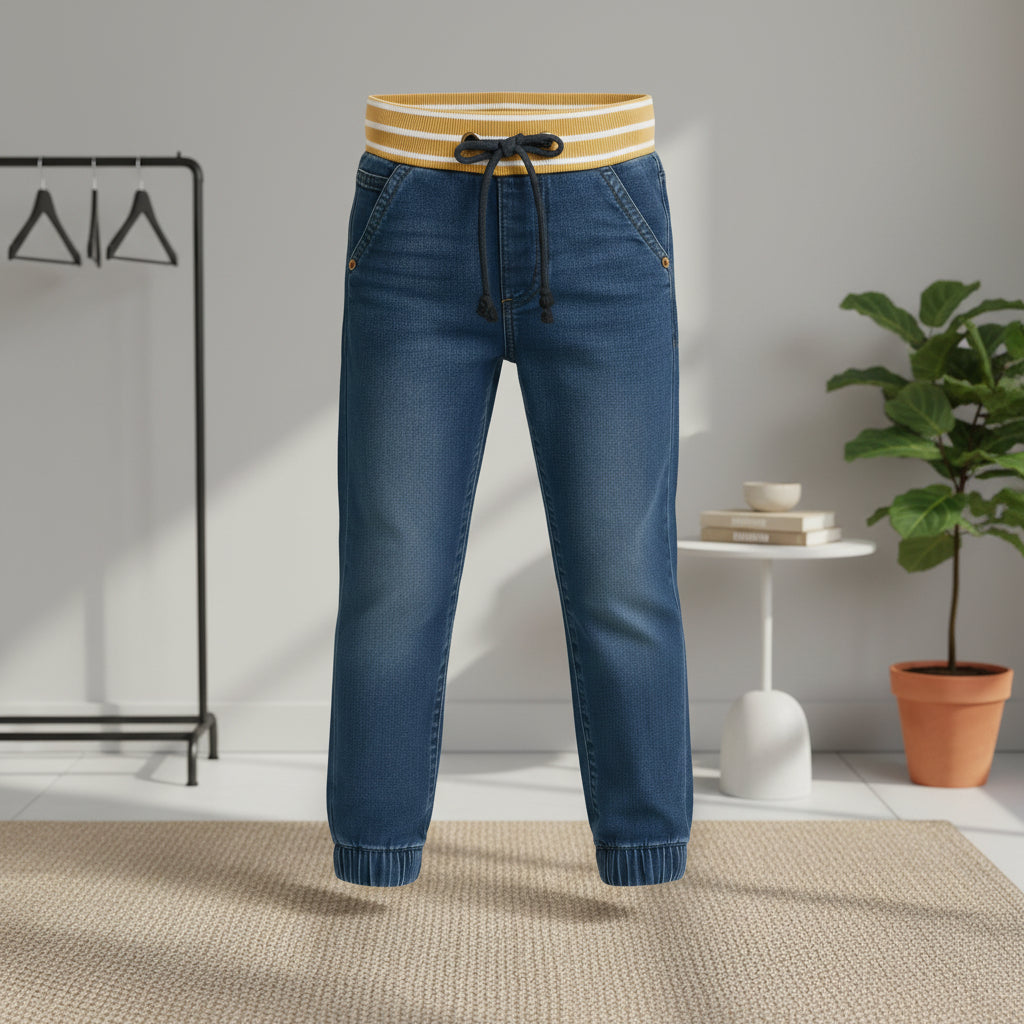 "Boys’ Black Denim Jogger Pants with Yellow-Striped Ribbed Waistband, Sizes(1-12Years) |MH