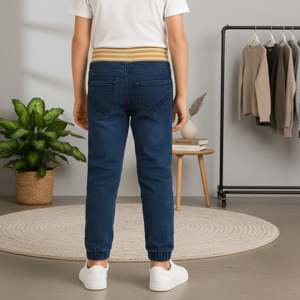 "Boys’ Black Denim Jogger Pants with Yellow-Striped Ribbed Waistband, Sizes(1-12Years) |MH