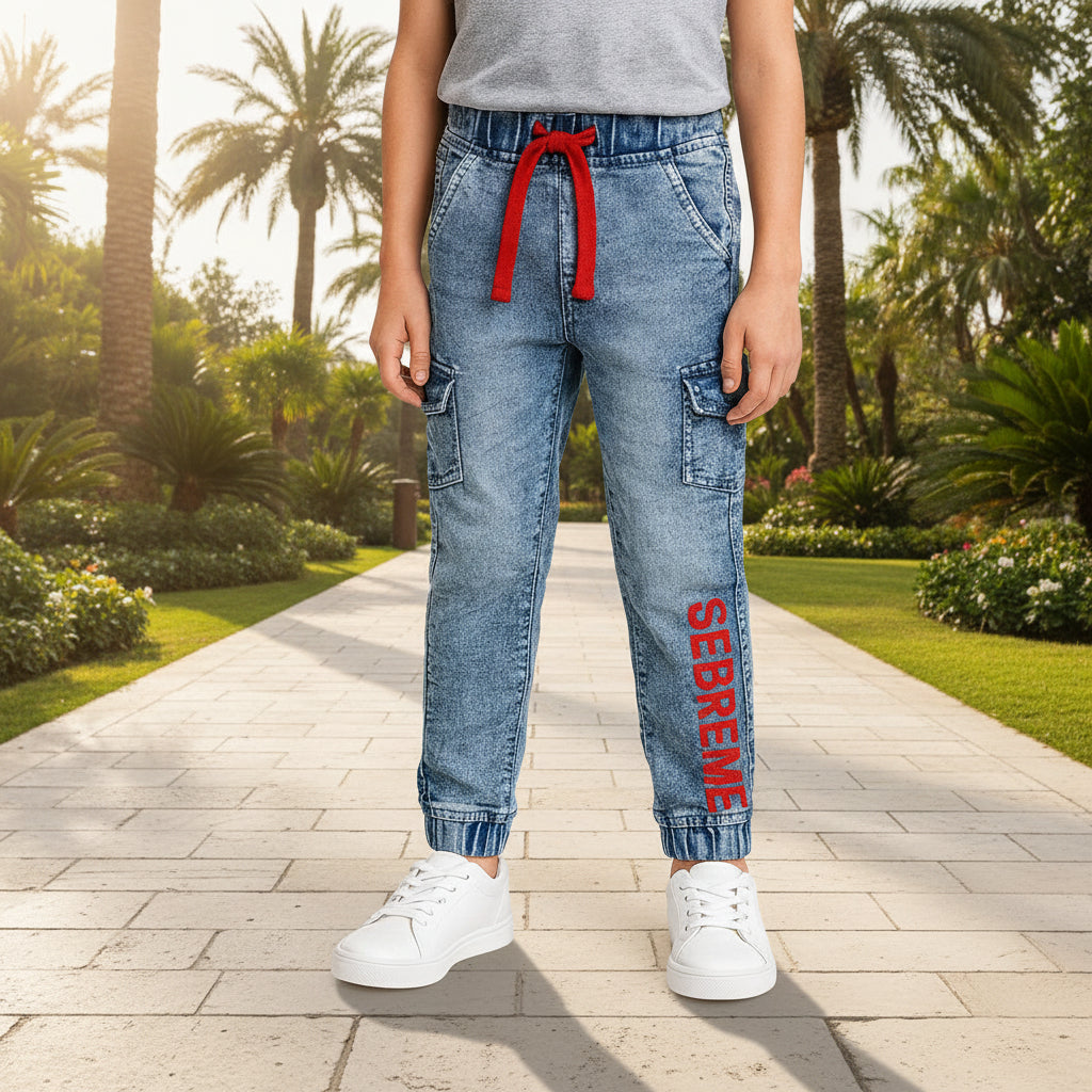 Boys' SEBREME Graphic Denim Cargo Joggers – Active Stretch Utility Jeans (1–12 Years)I MH