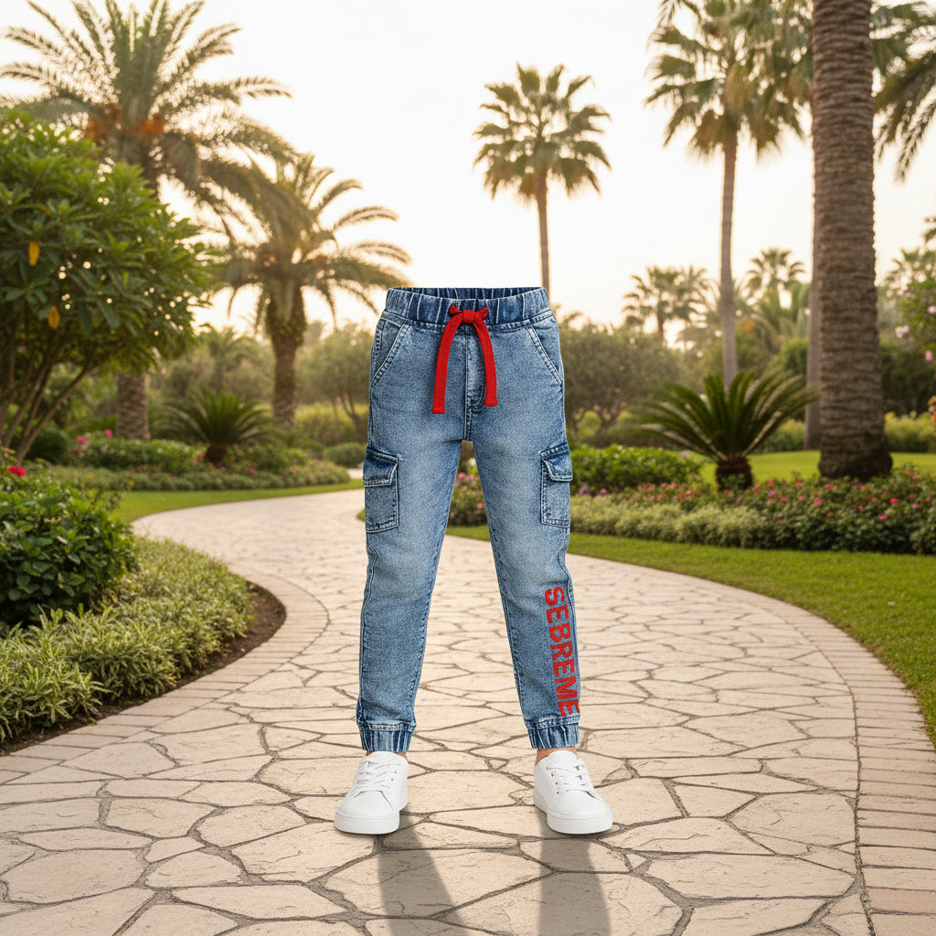 Boys' SEBREME Graphic Denim Cargo Joggers – Active Stretch Utility Jeans (1–12 Years)I MH