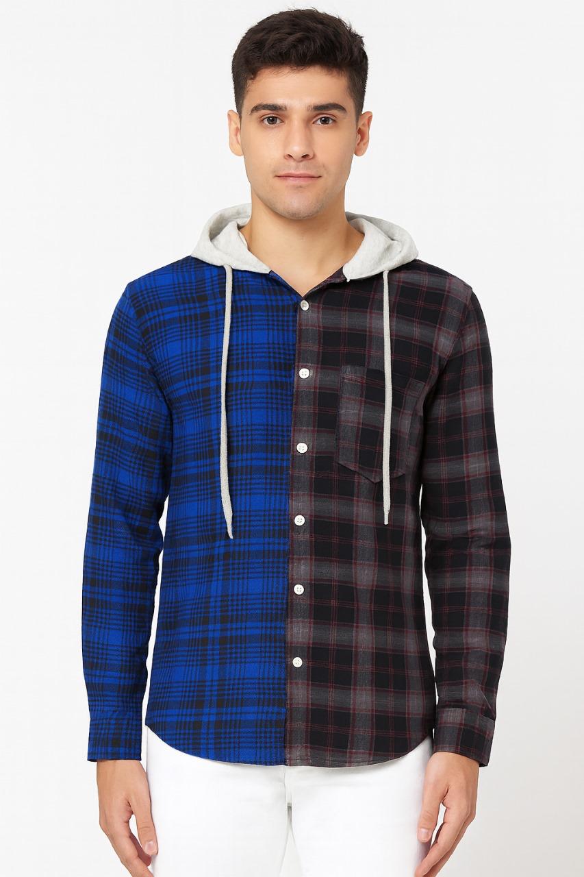 "Men’s Dual-Tone Plaid Shirt with Contrast Yellow Hood – Navy & Blue Check / MH