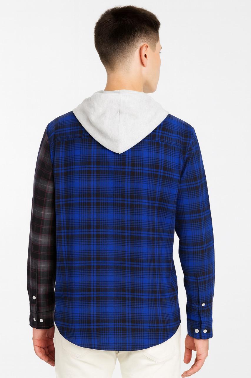 "Men’s Dual-Tone Plaid Shirt with Contrast Yellow Hood – Navy & Blue Check / MH