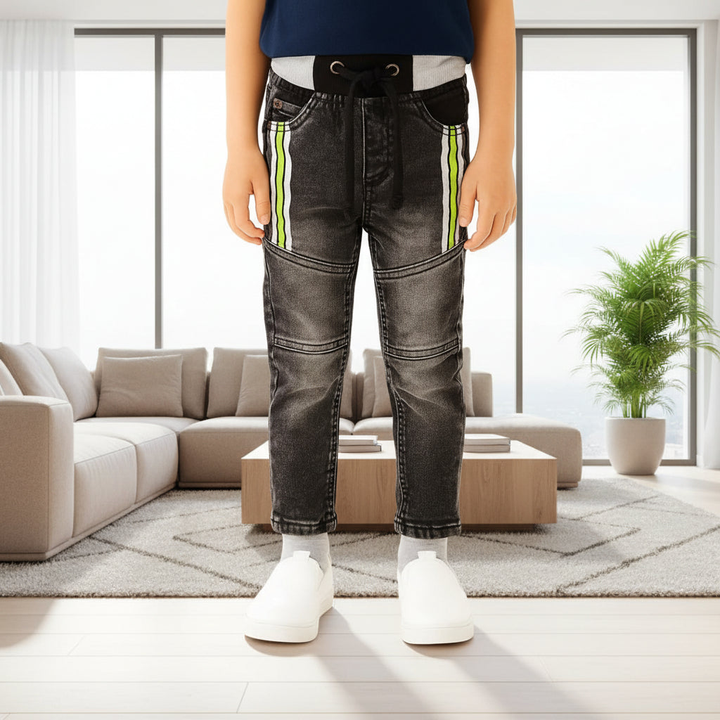 Kid's Denim Joggers with Contrast Waistband and Side Stripe Detail. Sizes (1-12Years) | MH