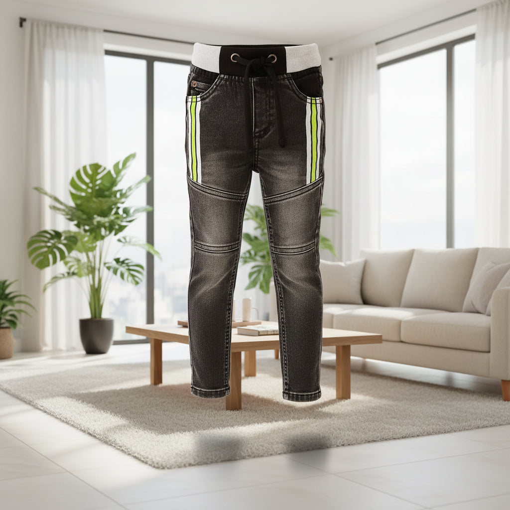 Kid's Denim Joggers with Contrast Waistband and Side Stripe Detail. Sizes (1-12Years) | MH