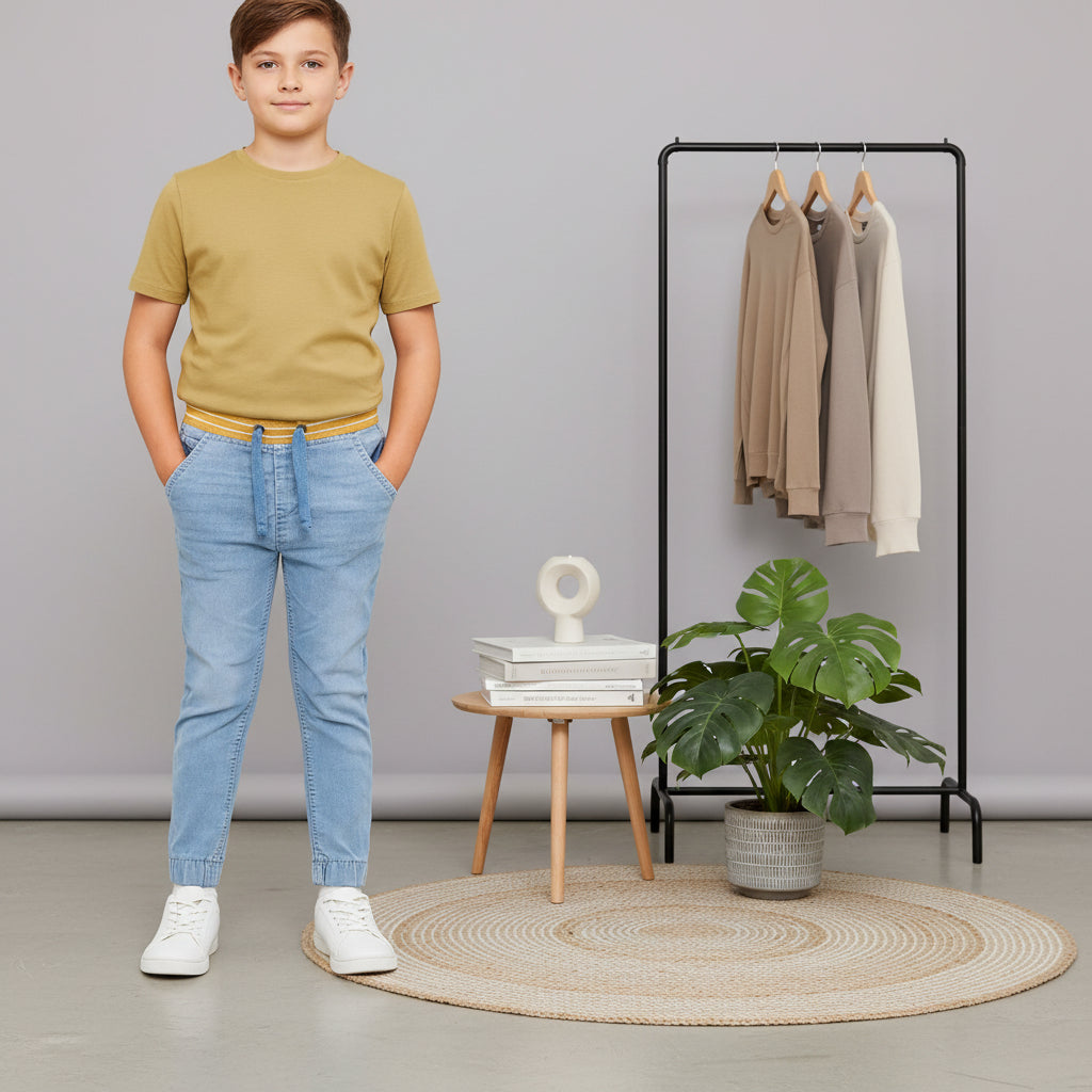"Boys’ Black Denim Jogger Pants with Yellow-Striped Ribbed Waistband, Sizes(1-12Years) |MH