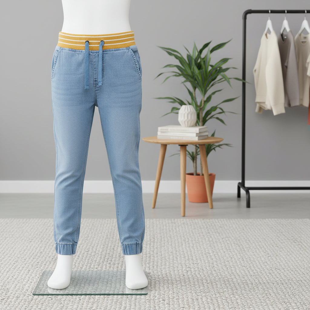 "Boys’ Black Denim Jogger Pants with Yellow-Striped Ribbed Waistband, Sizes(1-12Years) |MH