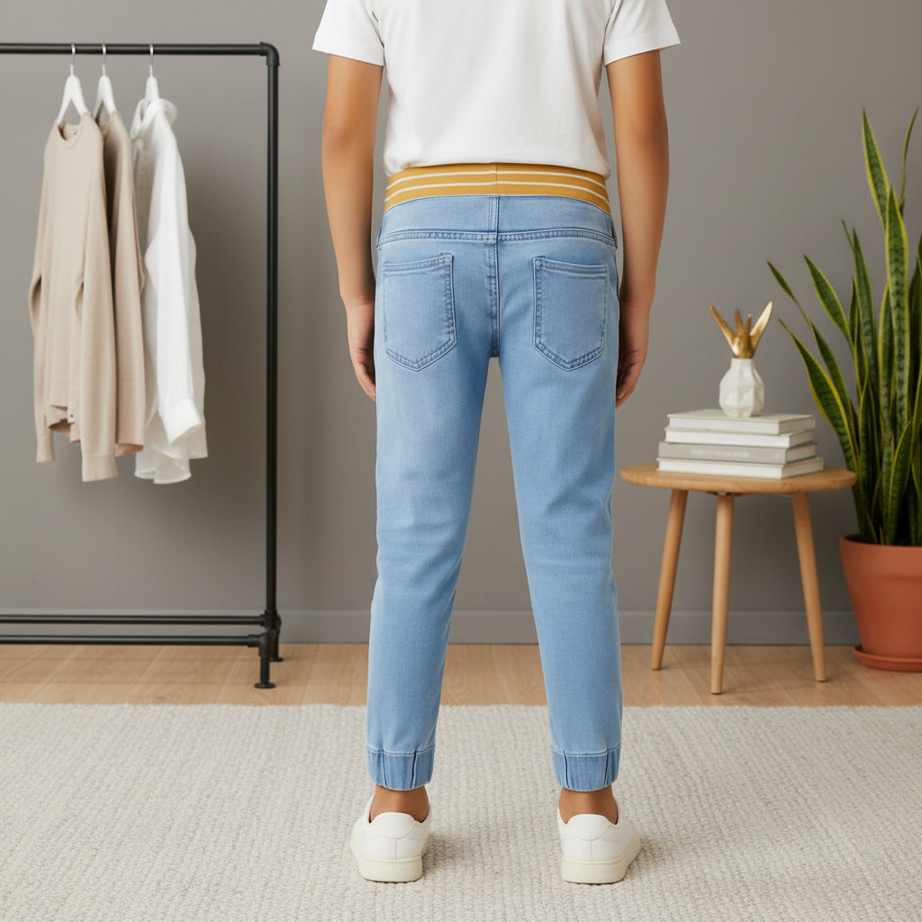 "Boys’ Black Denim Jogger Pants with Yellow-Striped Ribbed Waistband, Sizes(1-12Years) |MH