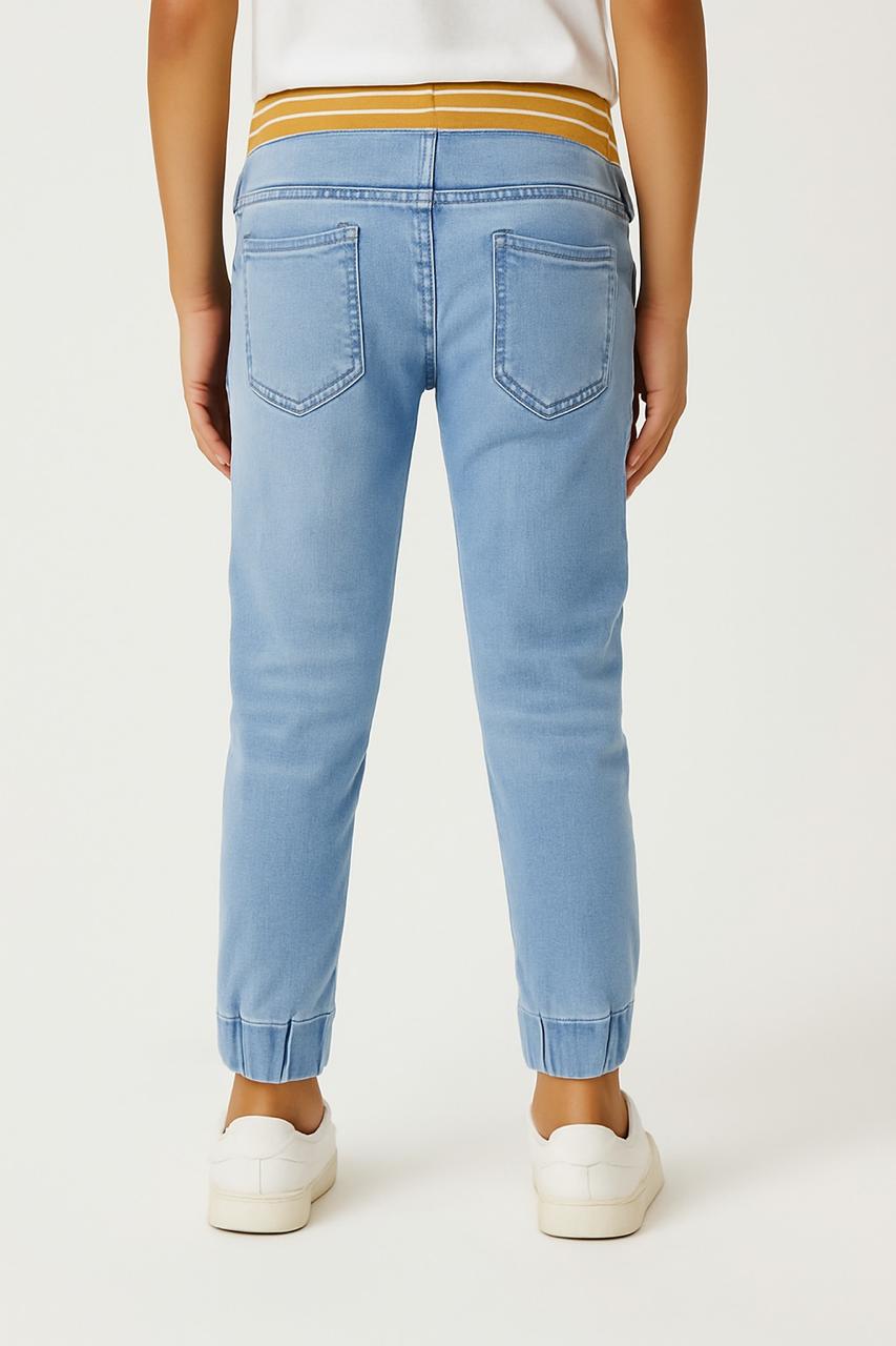 "Boys’ Black Denim Jogger Pants with Yellow-Striped Ribbed Waistband" /MH