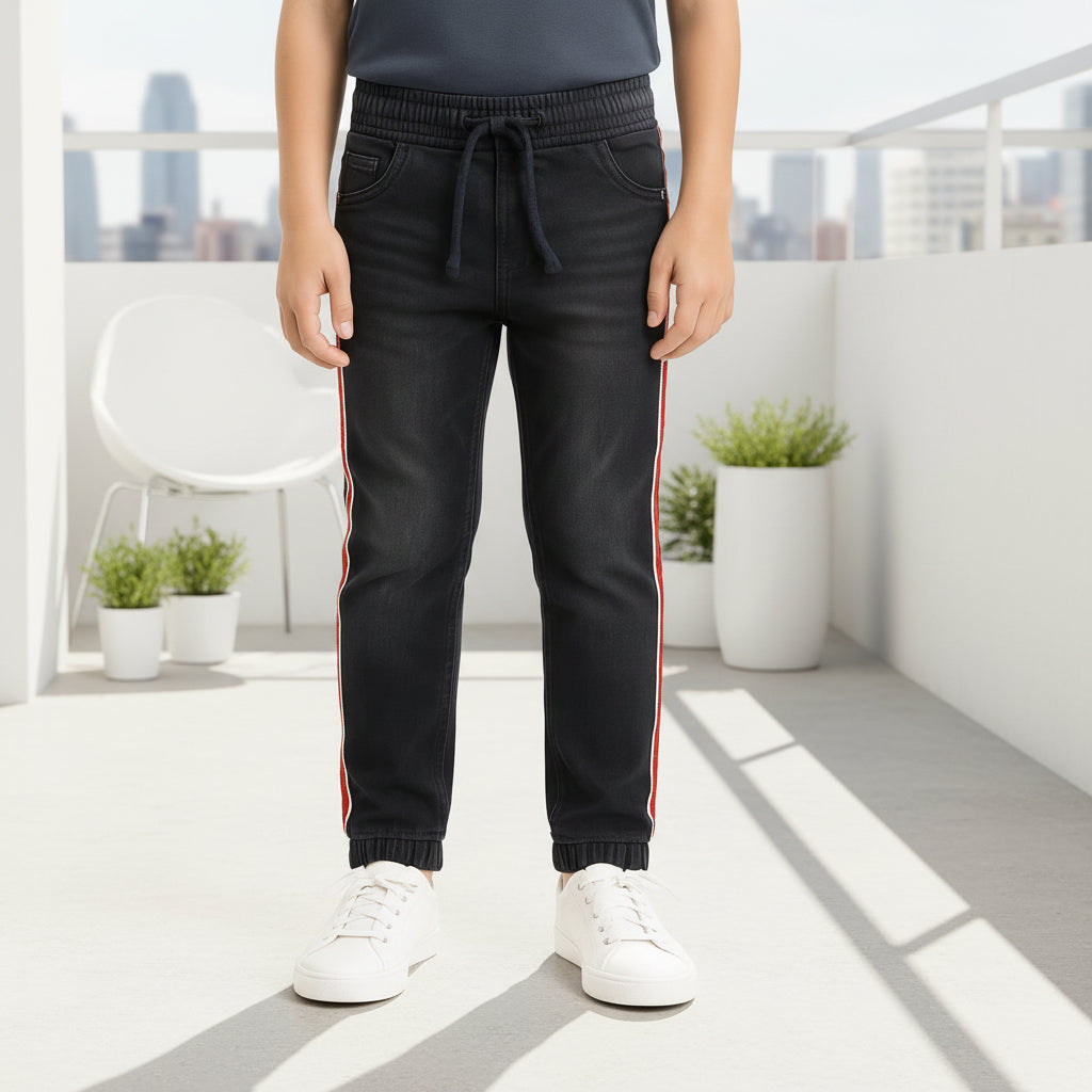 Boys' Denim Side-Stripe Jogger Pants – Soft Cotton Stretch Jeans (1–12 Years) I MH
