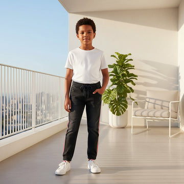 Boys' Denim Side-Stripe Jogger Pants – Soft Cotton Stretch Jeans (1–12 Years) I MH
