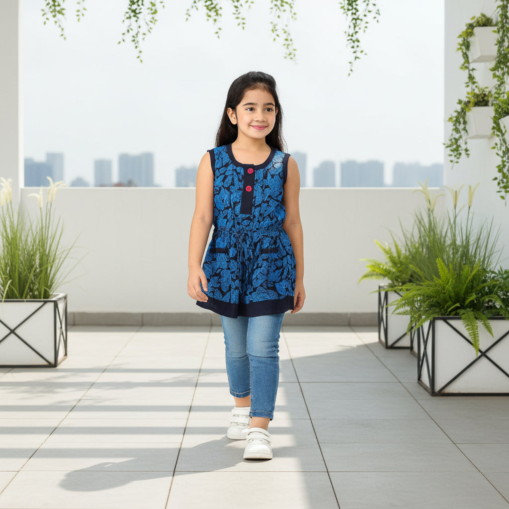 Kid Girl Leafy Print Sleeveless Button Dress | MH