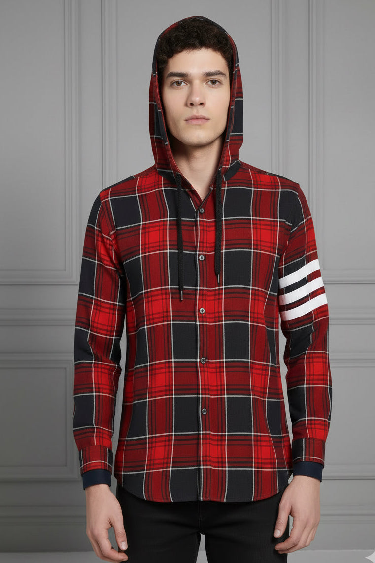 Men’s Hooded Plaid Flannel Shacket | White Stripe Sleeve Detail | Yellow Red & Pink | Sizes S–XXL | MH
