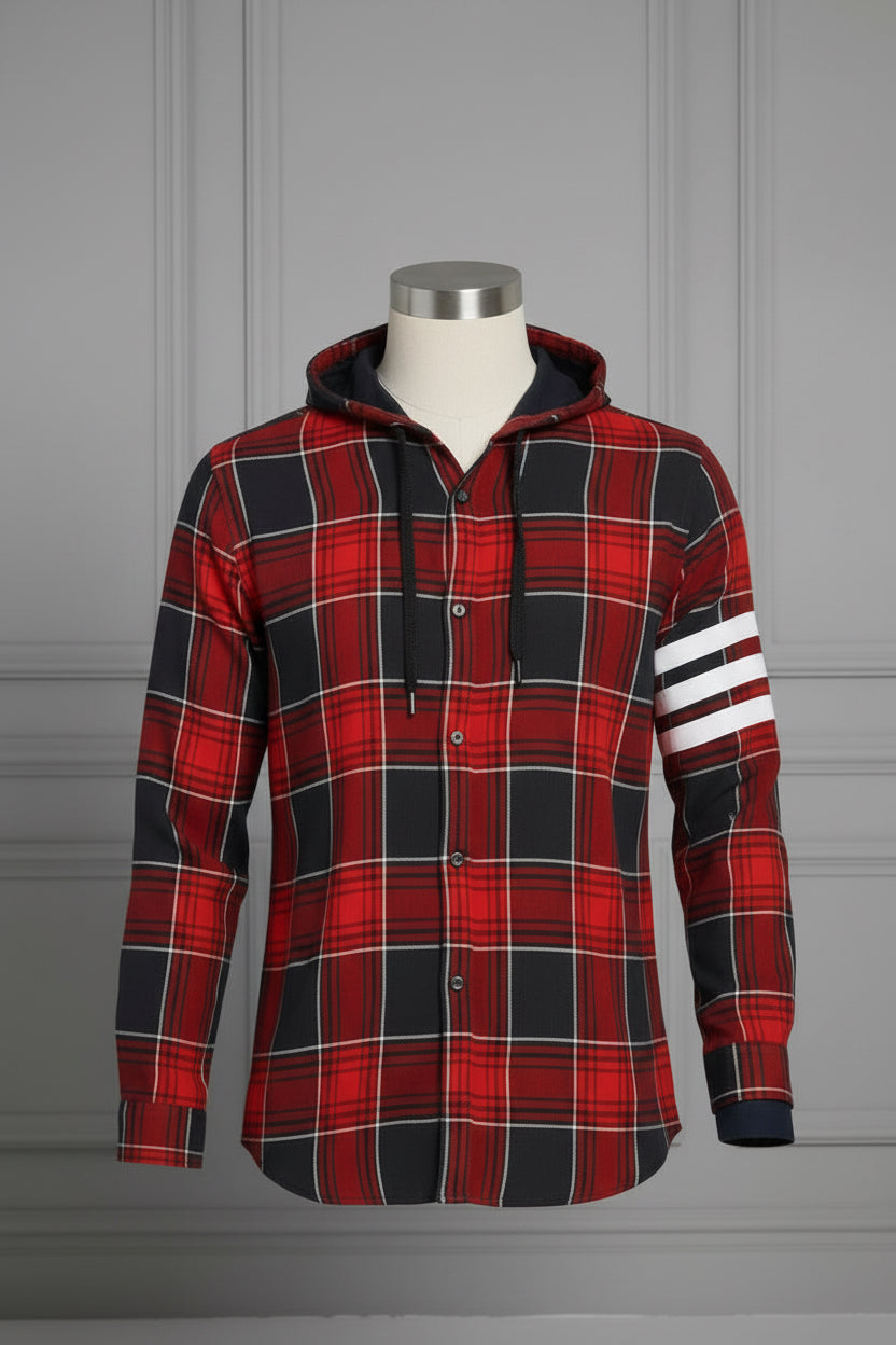 Men’s Hooded Plaid Flannel Shacket | White Stripe Sleeve Detail | Yellow Red & Pink | Sizes S–XXL | MH