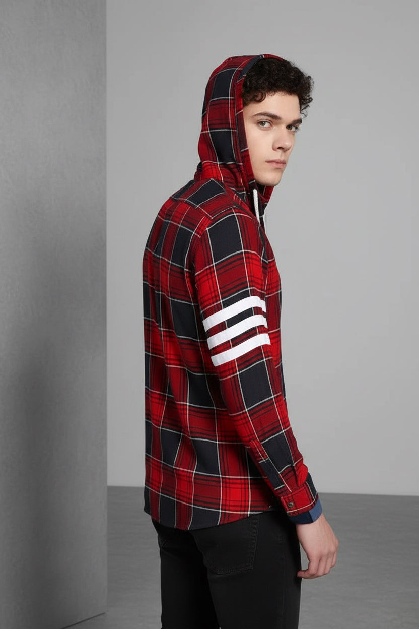 Men’s Hooded Plaid Flannel Shacket | White Stripe Sleeve Detail | Yellow Red & Pink | Sizes S–XXL | MH