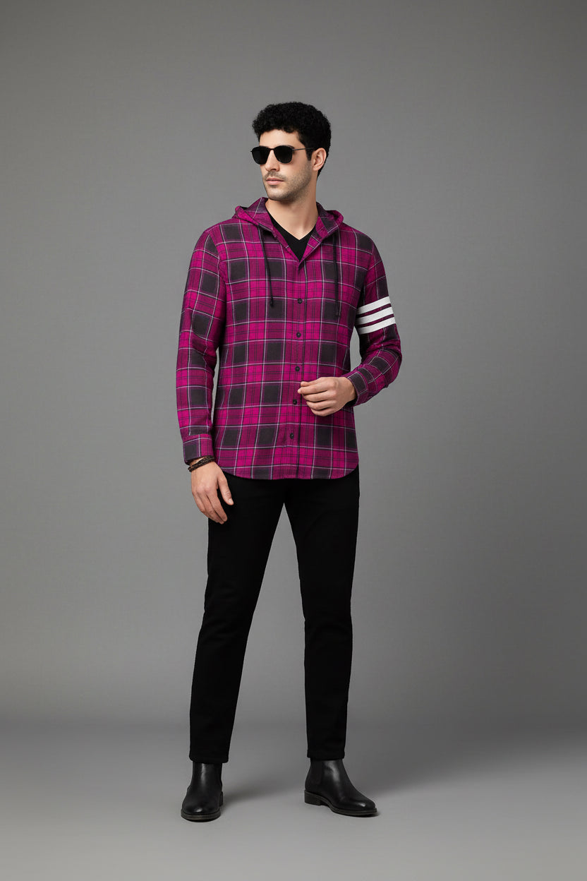 Men’s Hooded Plaid Flannel Shacket | White Stripe Sleeve Detail | Yellow Red & Pink | Sizes S–XXL | MH