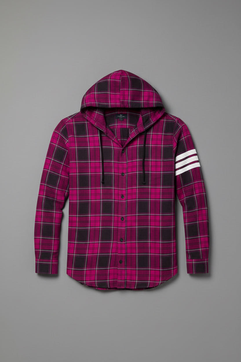 Men’s Hooded Plaid Flannel Shacket | White Stripe Sleeve Detail | Yellow Red & Pink | Sizes S–XXL | MH