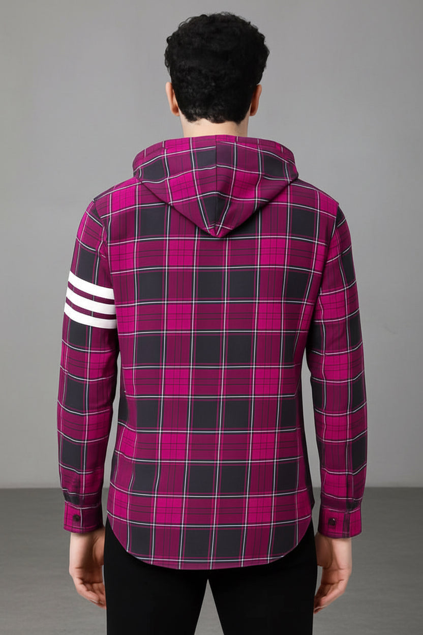 Men’s Hooded Plaid Flannel Shacket | White Stripe Sleeve Detail | Yellow Red & Pink | Sizes S–XXL | MH