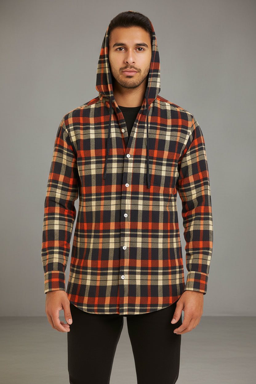 Men’s Hooded Flannel Plaid Check Shirt Jacket | 4 Colours | Shacket Long Sleeve | Sizes S–XXL | MH