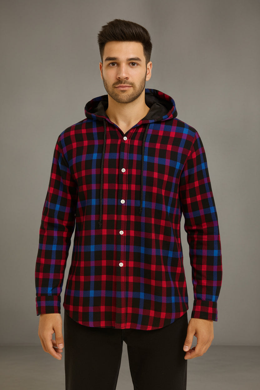 Men’s Hooded Flannel Plaid Check Shirt Jacket | 4 Colours | Shacket Long Sleeve | Sizes S–XXL | MH