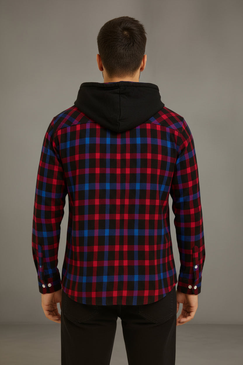 Men’s Hooded Flannel Plaid Check Shirt Jacket | 4 Colours | Shacket Long Sleeve | Sizes S–XXL | MH