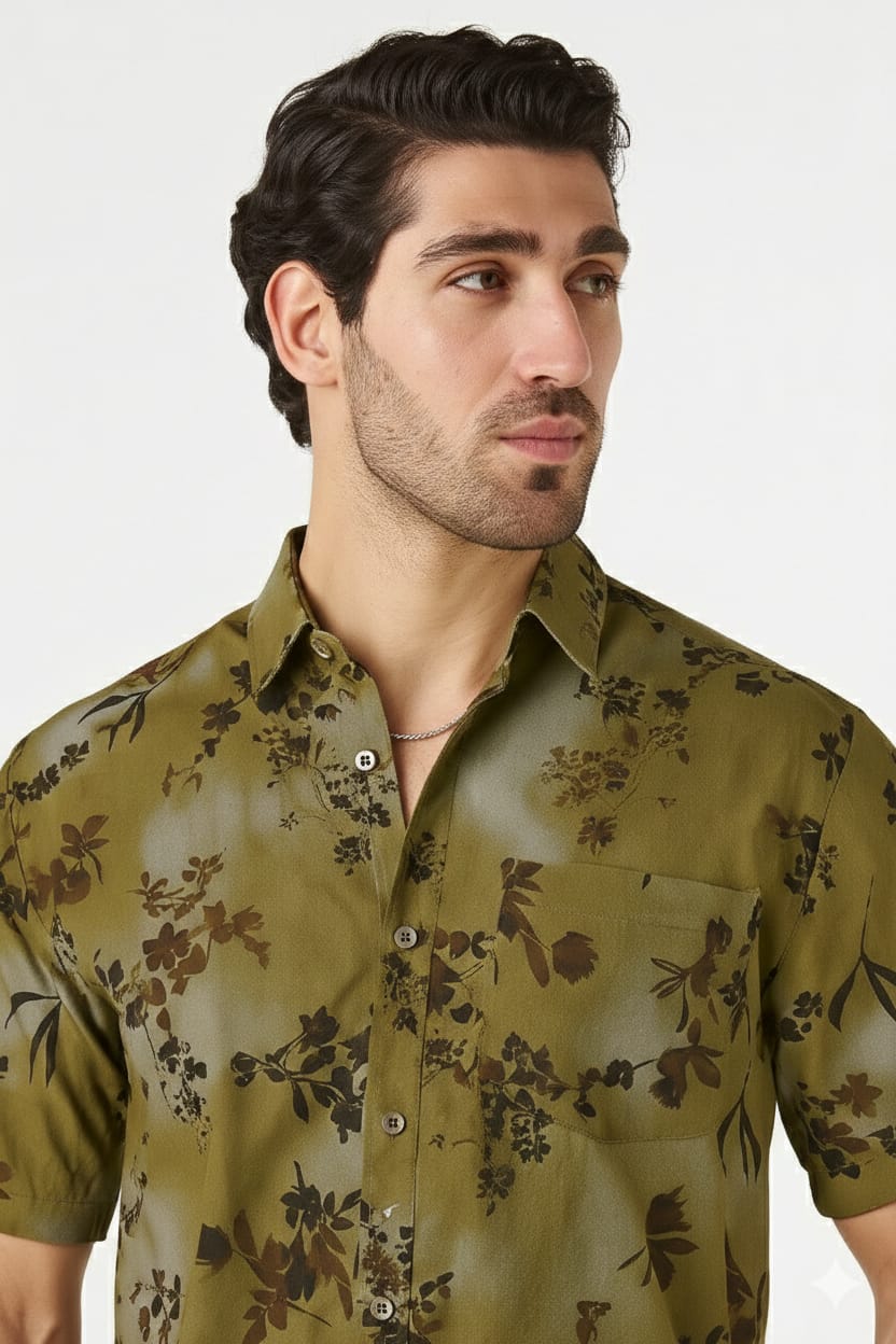 Men’s Olive Green Dark Floral Shadow Print Short Sleeve Shirt | Slim Fit Premium Cotton Smart Casual | Sizes S–XL | MH