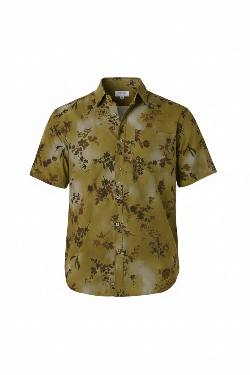 Men’s Olive Green Dark Floral Shadow Print Short Sleeve Shirt | Slim Fit Premium Cotton Smart Casual | Sizes S–XL | MH