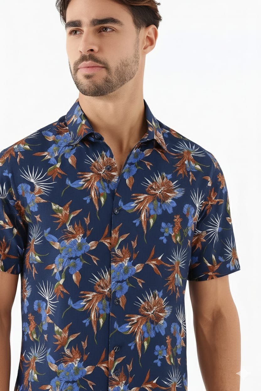 Men’s Navy Blue Tropical Floral Bird of Paradise Print Short Sleeve Shirt | Slim Fit Summer | Sizes S–XL | MH