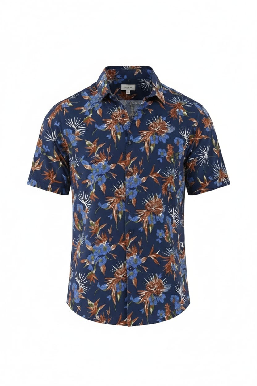 Men’s Navy Blue Tropical Floral Bird of Paradise Print Short Sleeve Shirt | Slim Fit Summer | Sizes S–XL | MH