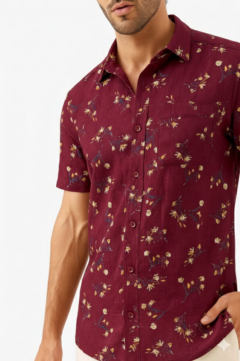 Men’s Burgundy Wine Scattered Floral Print Short Sleeve Shirt | Gold & Blue Ditsy Print Slim Fit | Sizes S–XL | MH