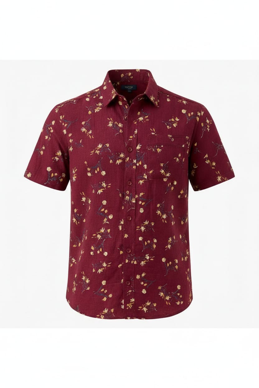 Men’s Burgundy Wine Scattered Floral Print Short Sleeve Shirt | Gold & Blue Ditsy Print Slim Fit | Sizes S–XL | MH