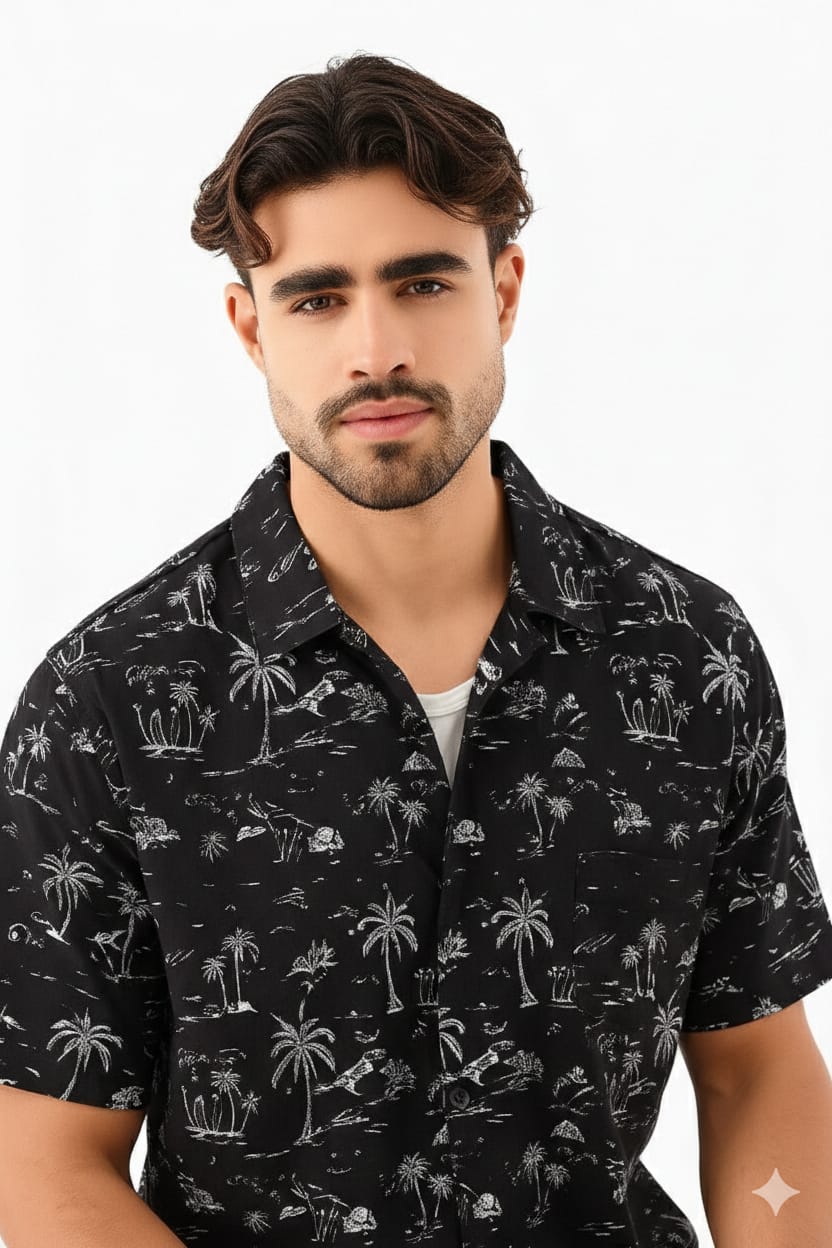 Men’s Black White Tropical Palm Tree Print Short Sleeve Shirt | Cuban Collar Summer Holiday | Sizes S–XXL | MH