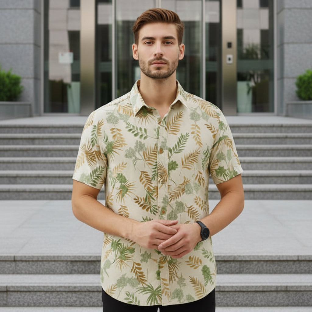 Men’s Cream Green & Gold Tropical Leaf Print Short Sleeve Shirt | Slim Fit Cotton | Casual Summer | Sizes S–XL | MH