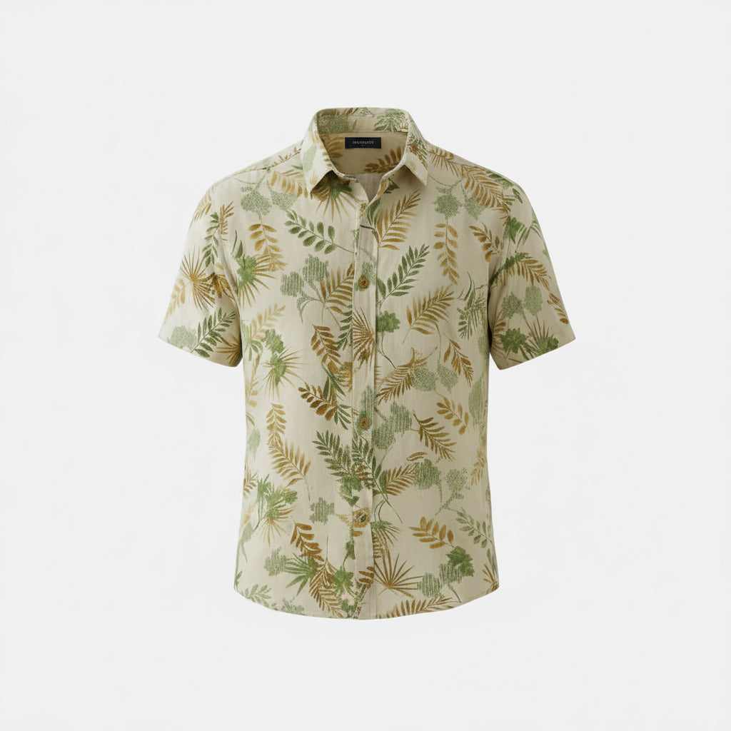 Men’s Cream Green & Gold Tropical Leaf Print Short Sleeve Shirt | Slim Fit Cotton | Casual Summer | Sizes S–XL | MH