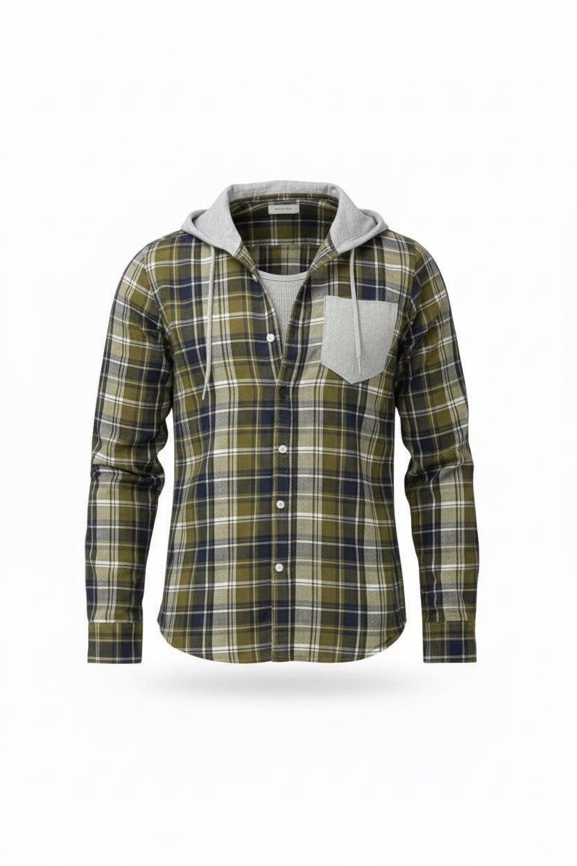 Men’s Olive Green Checkered Hooded Casual Shirt – Full Sleeve | Sizes S-XXL | MH