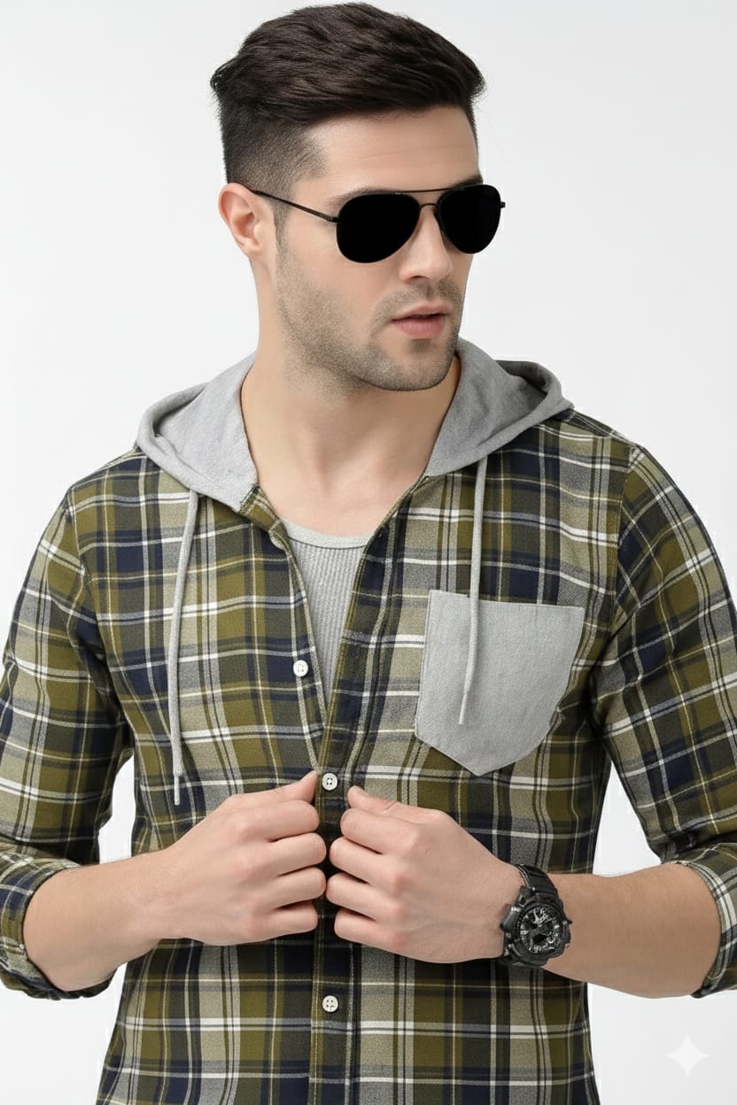 Men’s Olive Green Checkered Hooded Casual Shirt – Full Sleeve | Sizes S-XXL | MH