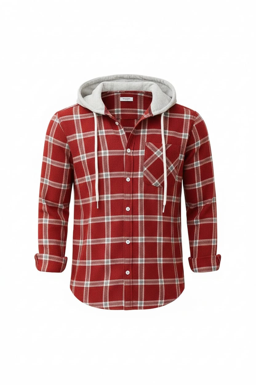 Men’s Maroon & White Checkered Hooded Casual Shirt – Full Sleeve | Sizes S-XXL | MH