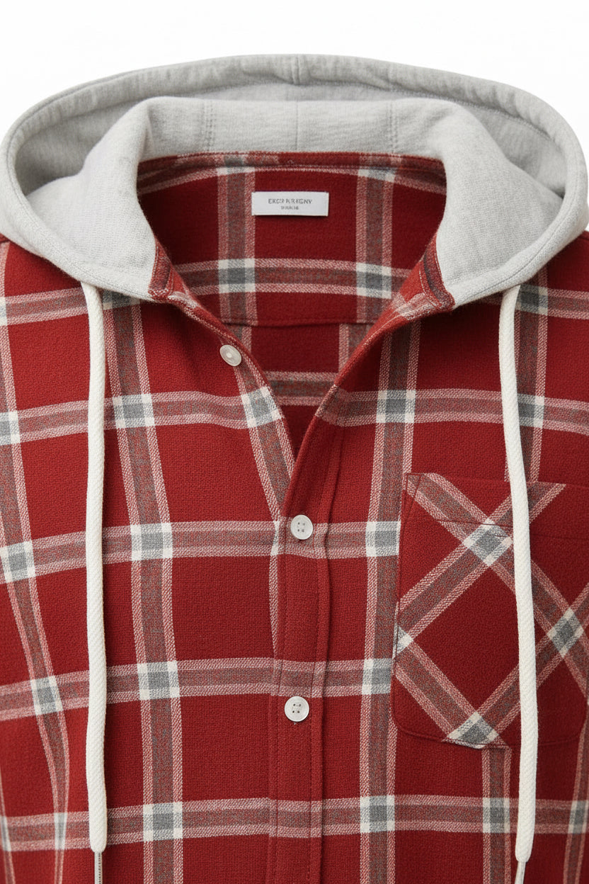 Men’s Maroon & White Checkered Hooded Casual Shirt – Full Sleeve | Sizes S-XXL | MH