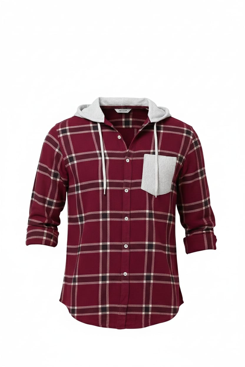 Men’s Olive Green Checkered Hooded Casual Shirt – Full Sleeve | Sizes S-XXL | MH