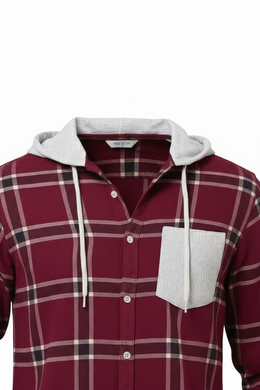 Men’s Olive Green Checkered Hooded Casual Shirt – Full Sleeve | Sizes S-XXL | MH