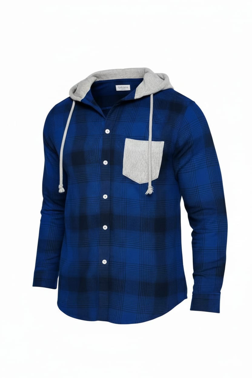 Men’s Blue Plaid Hooded Casual Shirt with Grey Pocket | Sizes S-XXL | MH