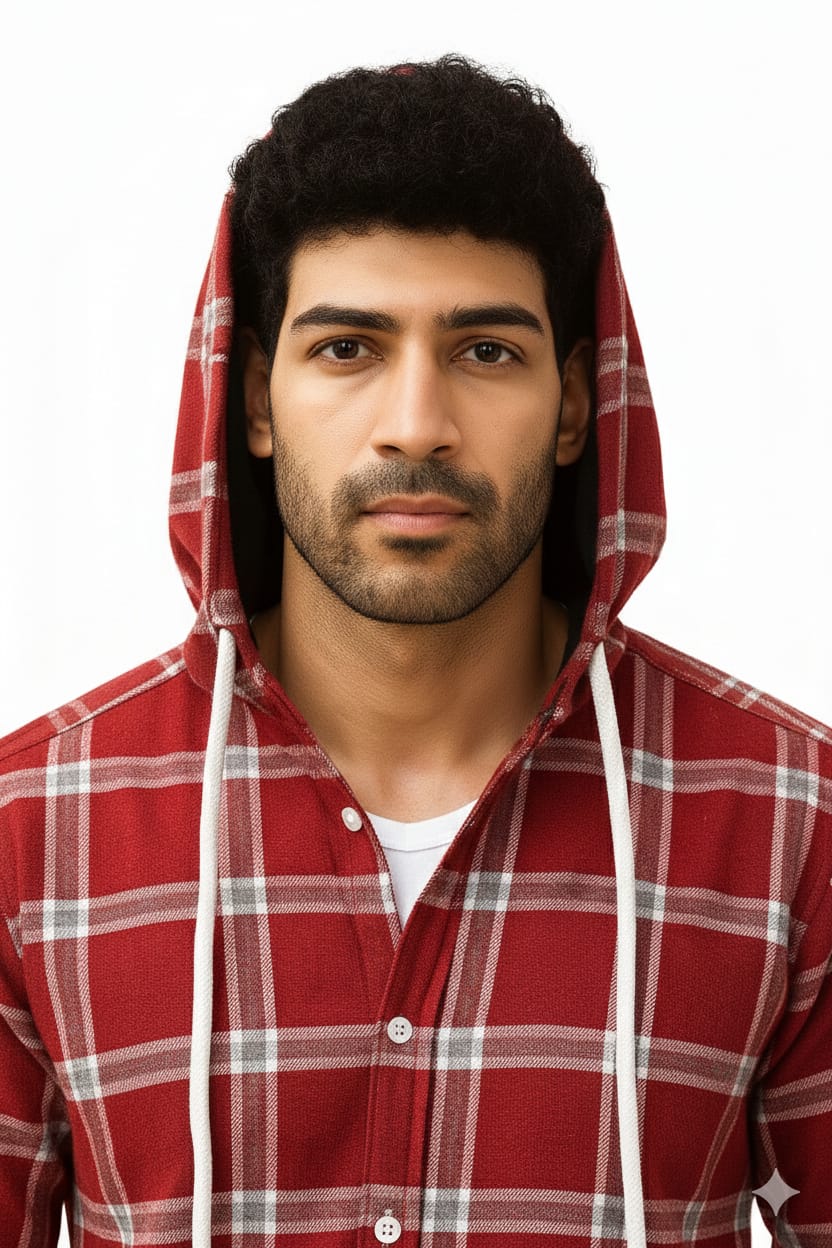 Men’s Maroon & White Checkered Hooded Casual Shirt – Full Sleeve | Sizes S-XXL | MH