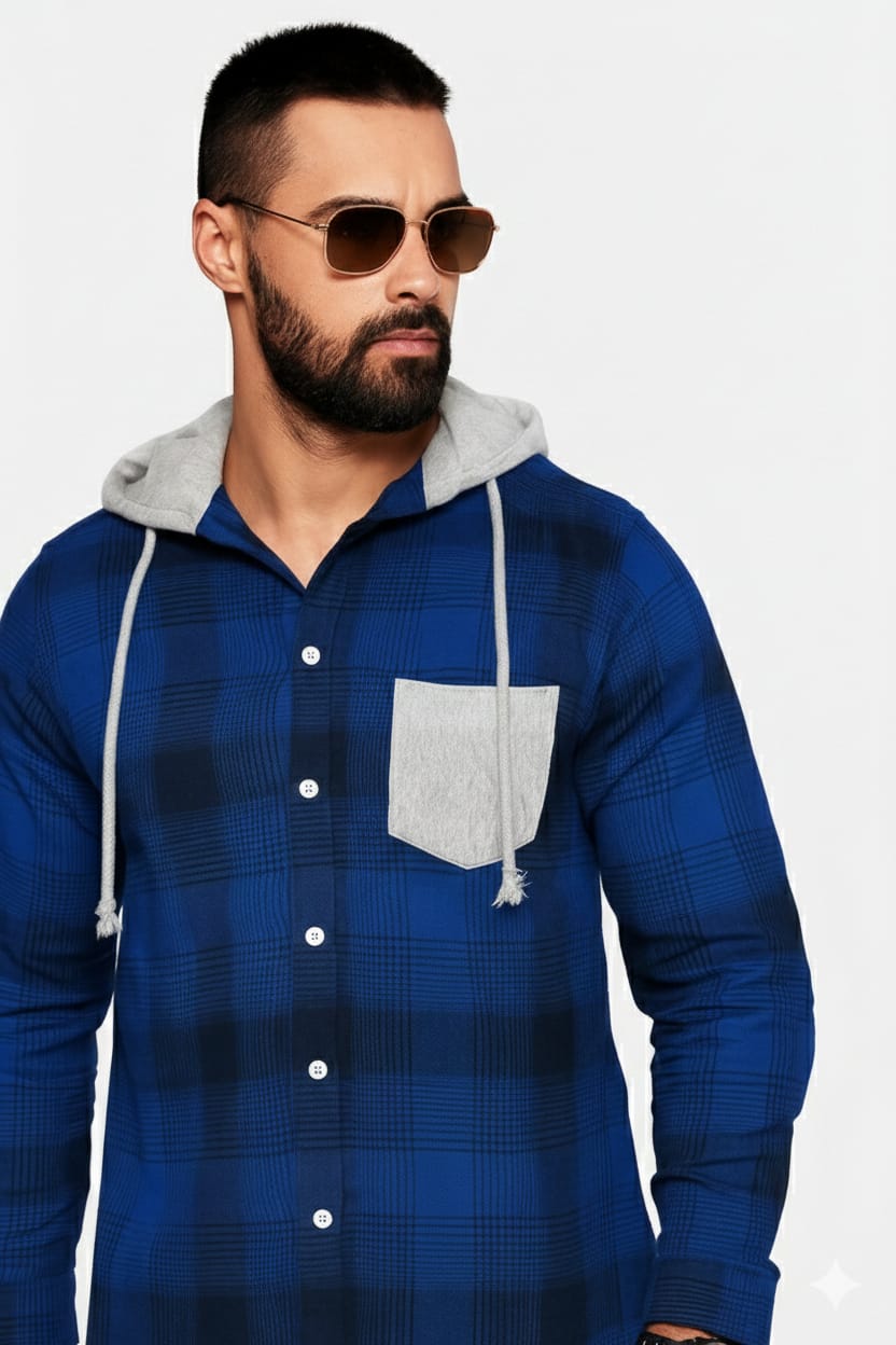 Men’s Blue Plaid Hooded Casual Shirt with Grey Pocket | Sizes S-XXL | MH
