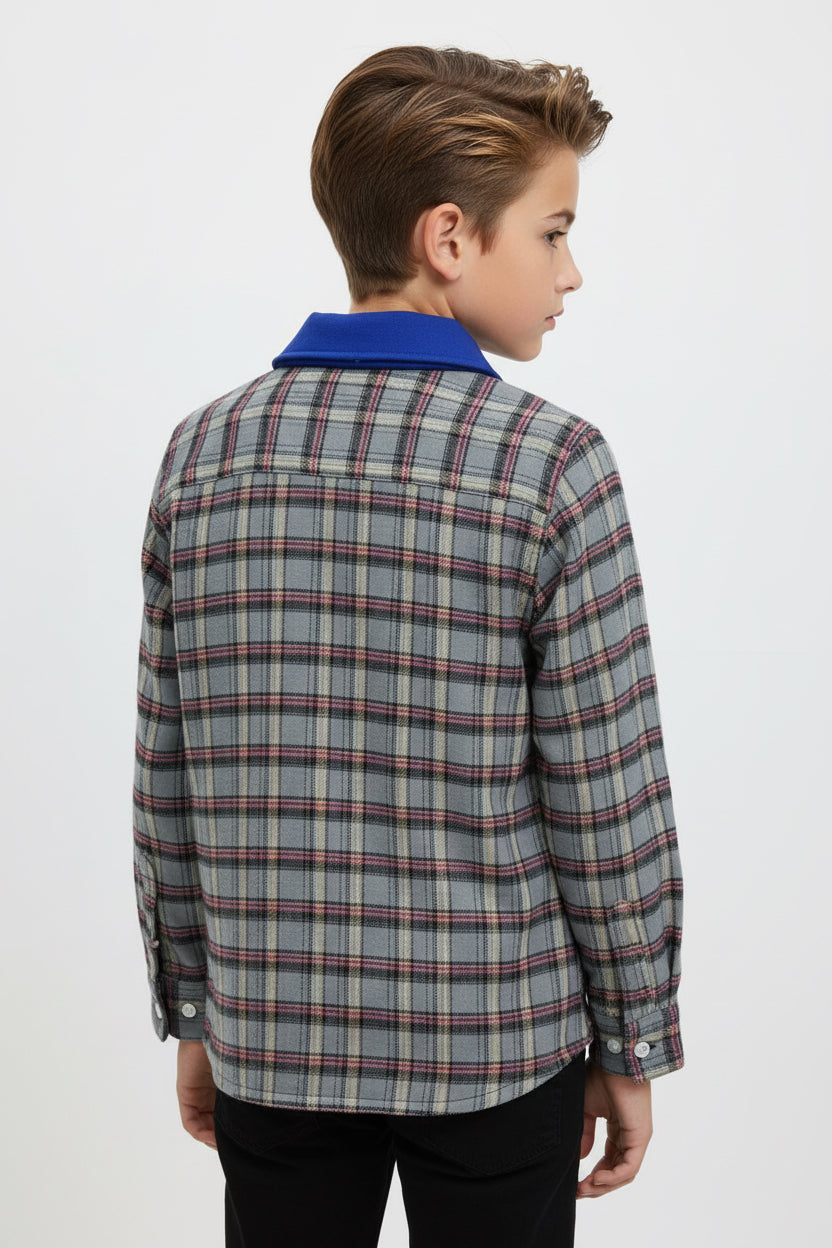 Boys' Blue Panel Plaid Flannel Shirt – Long Sleeve Cotton Button-Down (Ages 3-14) | MH