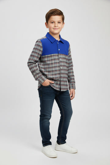 Boys' Blue Panel Plaid Flannel Shirt – Long Sleeve Cotton Button-Down (Ages 3-14) | MH